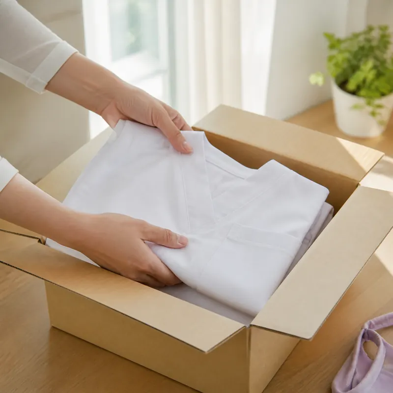 制服をたたんで宅配用の箱に入れているイメージ